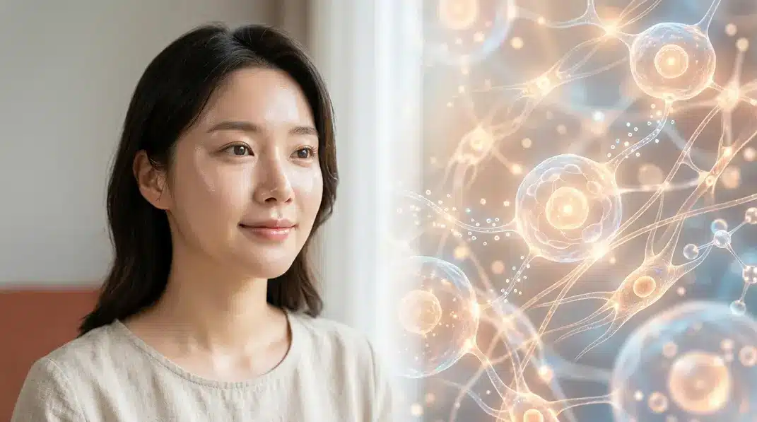 A conceptual visualization of skin regeneration, featuring glowing, healthy skin morphing with cellular repair elements in warm terracotta tones.
