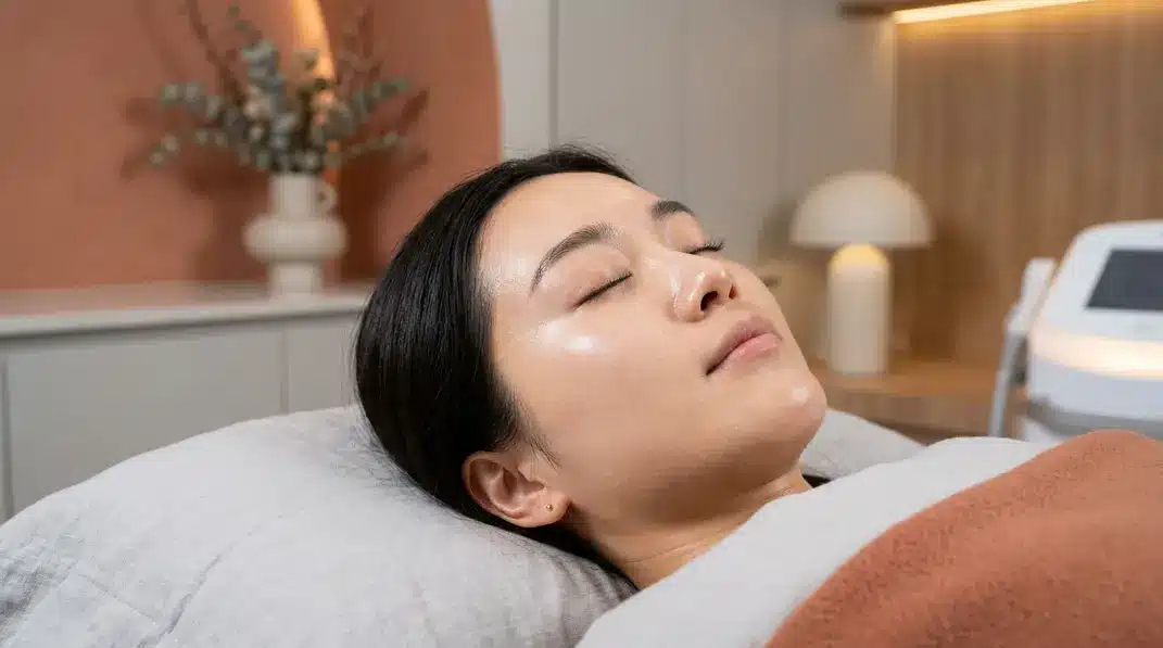 Close up of a serene woman's flawless eye area representing Rejuran I treatment