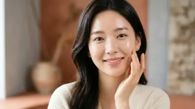 A radiant woman touching her glowing, glass-like skin, symbolizing the rejuvenating effects of the Rejuran skin booster.