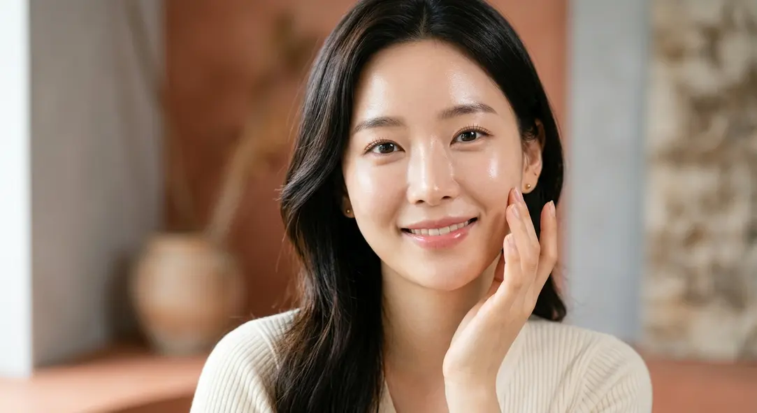 A radiant woman touching her glowing, glass-like skin, symbolizing the rejuvenating effects of the Rejuran skin booster.
