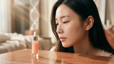 A beautiful conceptual image representing salmon DNA injections for skincare, featuring a glowing serum vial.