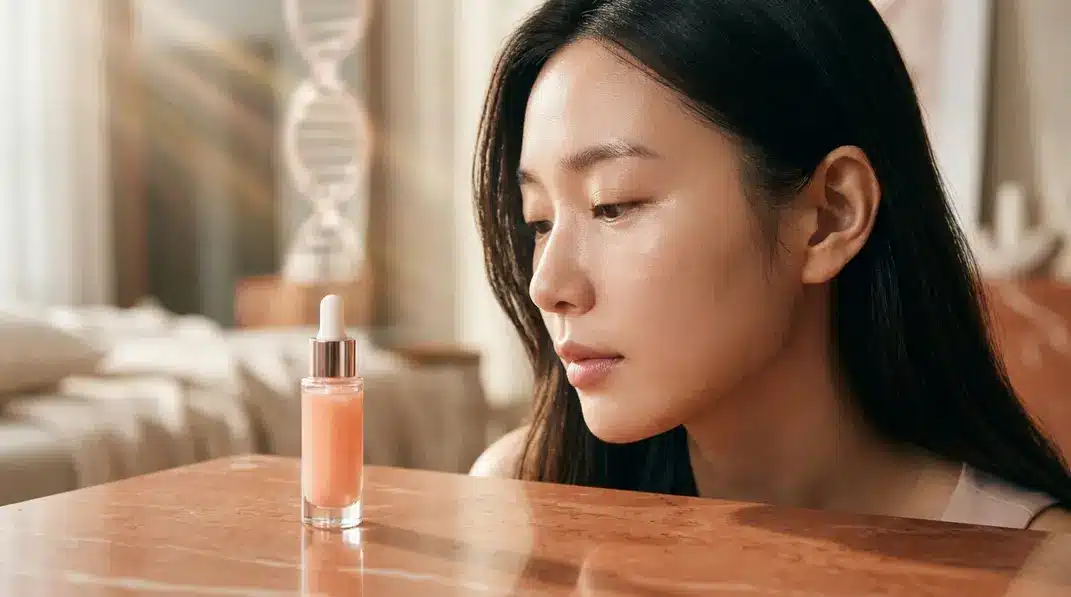 A beautiful conceptual image representing salmon DNA injections for skincare, featuring a glowing serum vial.