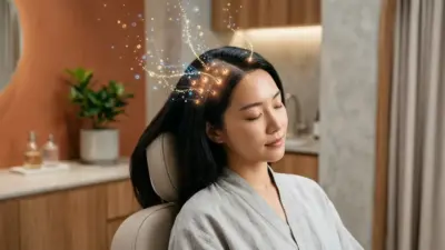 Aesthetic medical clinic representation of scalp exosome therapy using glowing particles