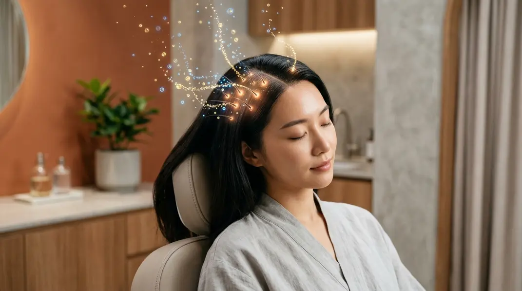 Aesthetic medical clinic representation of scalp exosome therapy using glowing particles