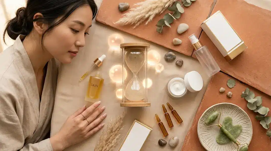 An elegant flat lay featuring premium aesthetic clinic elements like an hourglass and glowing spheres representing anti-aging and collagen production