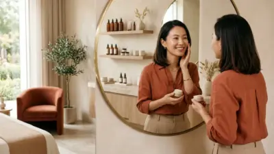 A confident woman looking in a mirror with glowing, firm skin.