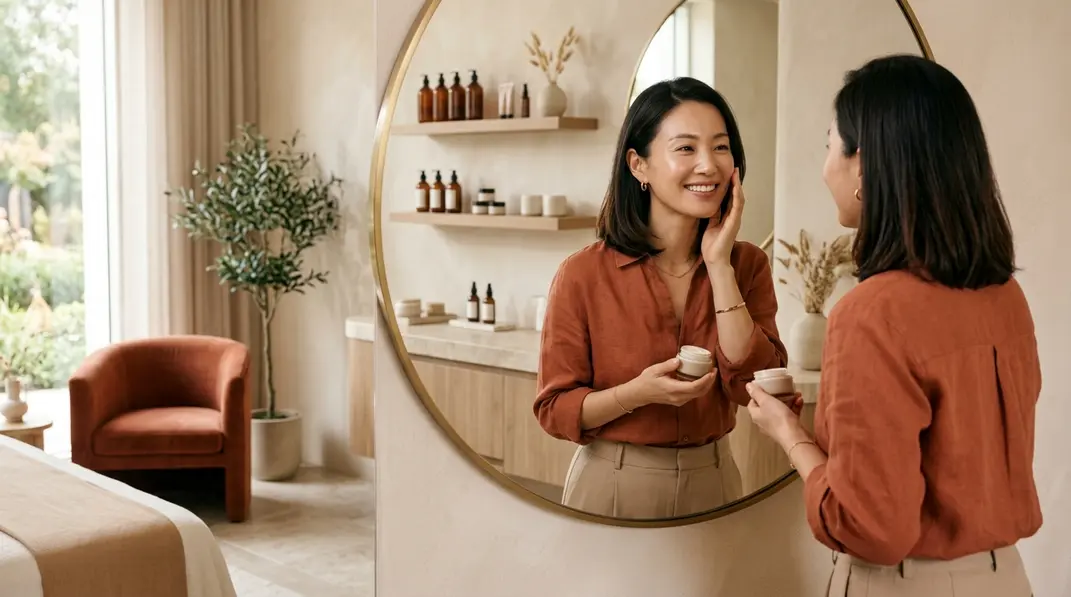 A confident woman looking in a mirror with glowing, firm skin.