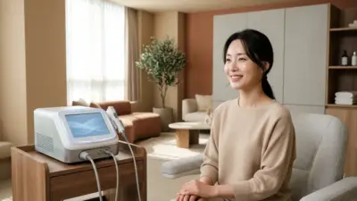 A modern dermatology clinic setting featuring advanced skincare technology and a radiant woman.