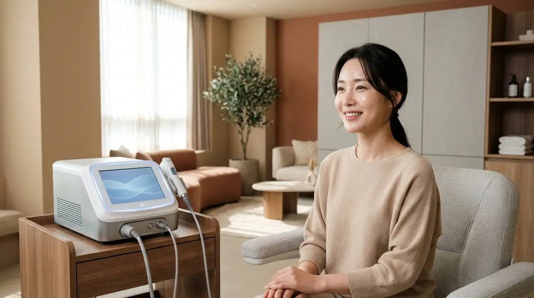 A modern dermatology clinic setting featuring advanced skincare technology and a radiant woman.
