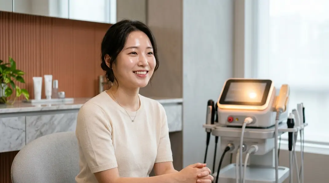 A healthy woman with clear skin smiling in a modern dermatology clinic with high-tech skincare devices