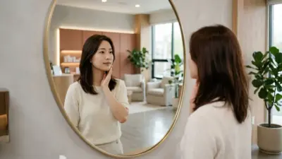 A woman examining her youthful jawline in a beautifully decorated Korean aesthetic clinic.