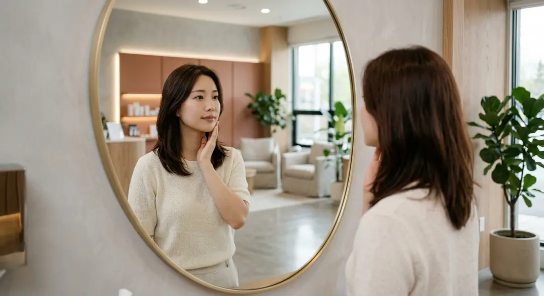 A woman examining her youthful jawline in a beautifully decorated Korean aesthetic clinic.
