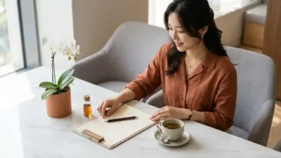 An elegant aesthetic clinic setting with a clipboard, orchid, and tea on a marble table.