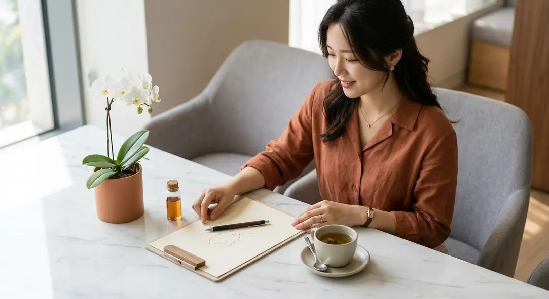 An elegant aesthetic clinic setting with a clipboard, orchid, and tea on a marble table.