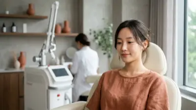 A modern dermatology clinic setting featuring a healthy female face and a high-tech laser machine in the background.