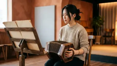 A beautifully crafted concertina on a wooden music stand with a warm terracotta background.