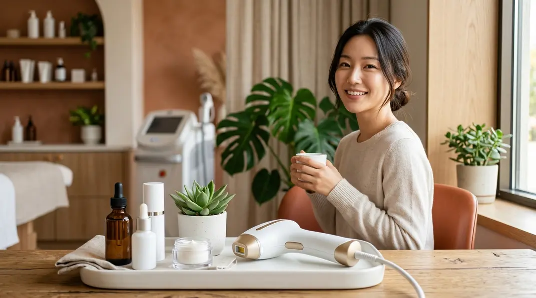 A beautifully arranged tray with high-end skincare products and a modern handheld laser device in a pristine dermatology clinic.