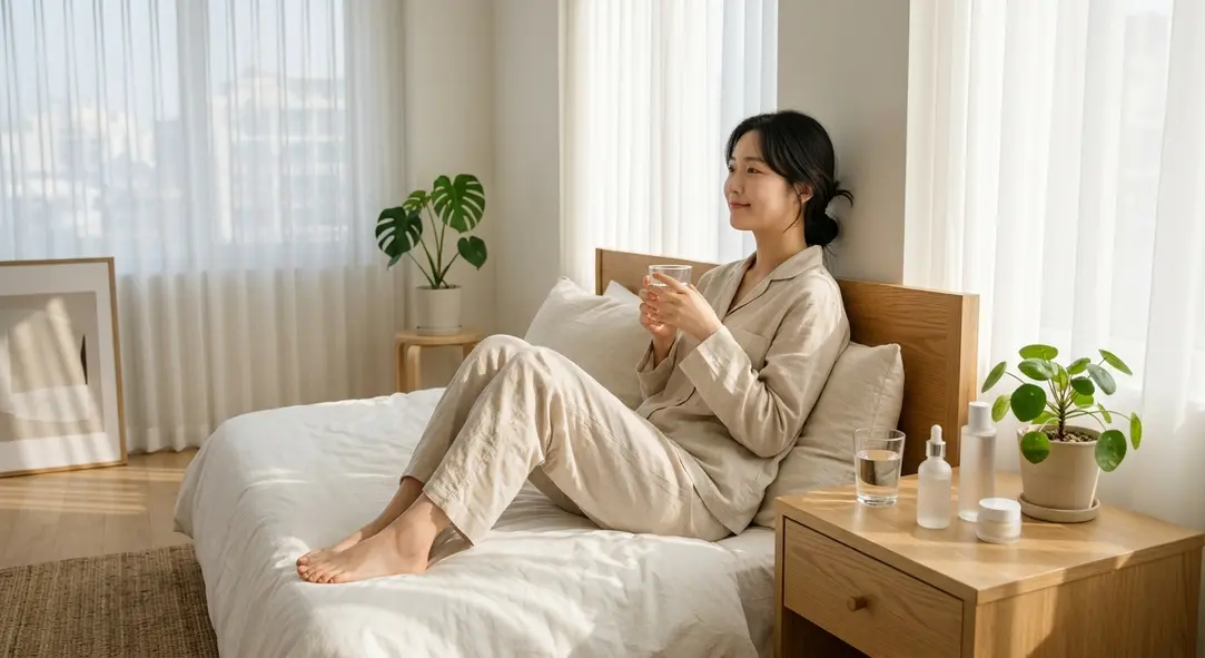 A modern Korean minimalist bedroom bathed in soft morning light, showing a glass of water and simple skincare bottles.
