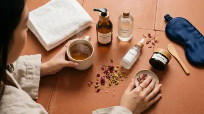 A flatlay of Korean skincare products, a towel, and a cup of tea on a warm terracotta background.