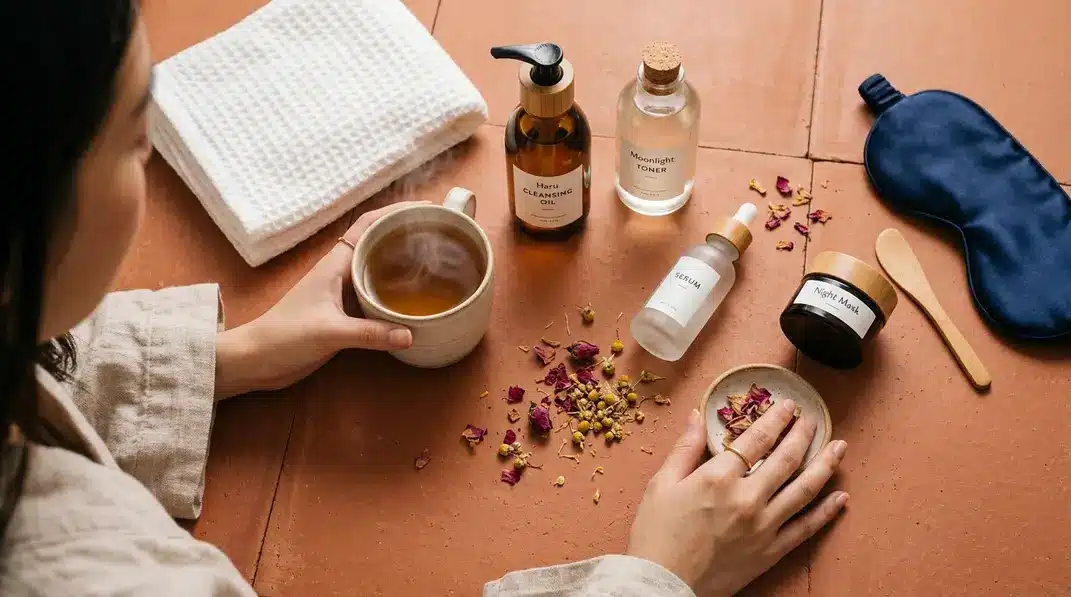 A flatlay of Korean skincare products, a towel, and a cup of tea on a warm terracotta background.