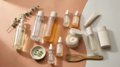 A flat lay of elegant Korean skincare products on a terracotta background