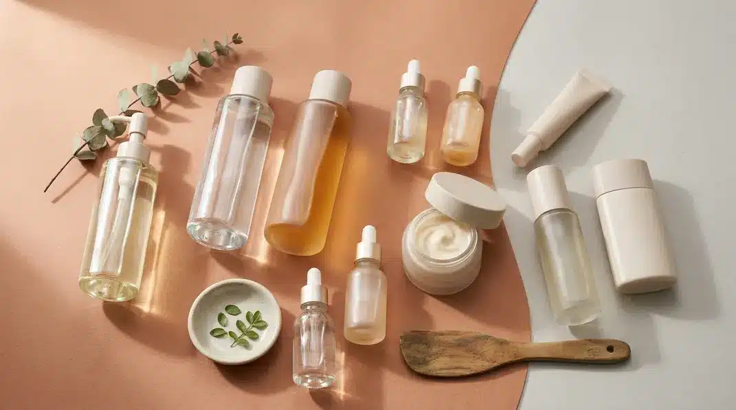 A flat lay of elegant Korean skincare products on a terracotta background