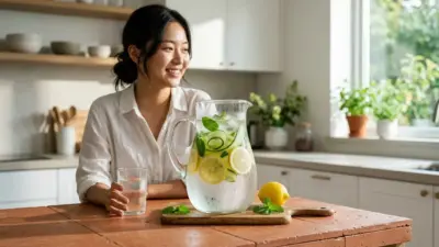 A large, condensation-covered glass pitcher filled with icy water, lemon slices, cucumbers, and mint in a sunny kitchen.