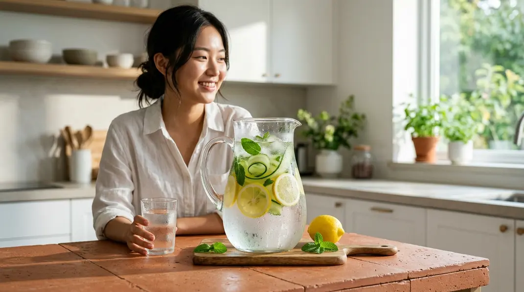 A large, condensation-covered glass pitcher filled with icy water, lemon slices, cucumbers, and mint in a sunny kitchen.