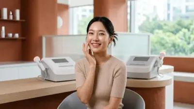 A beautiful woman with glowing skin holding a high-tech skincare tool, representing Venus Viva treatments.