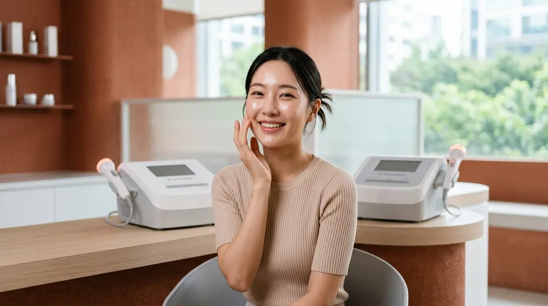 A beautiful woman with glowing skin holding a high-tech skincare tool, representing Venus Viva treatments.