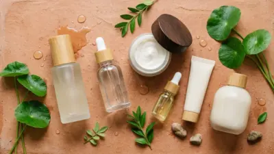 A top-down view of various Korean beauty bottles and jars arranged on a terracotta surface with fresh leaves.