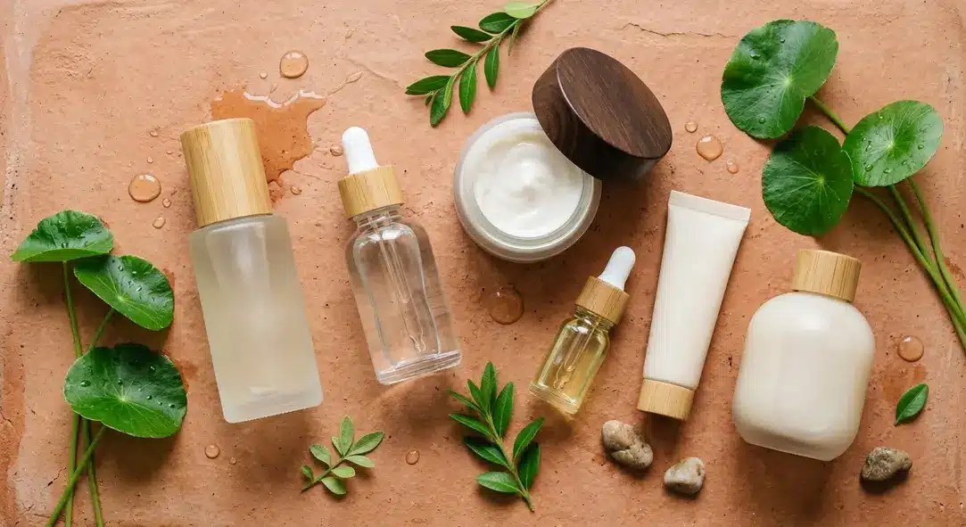 A top-down view of various Korean beauty bottles and jars arranged on a terracotta surface with fresh leaves.