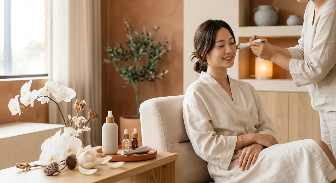 An elegant conceptual image featuring soft terracotta tones and skincare elements representing feminine wellness.