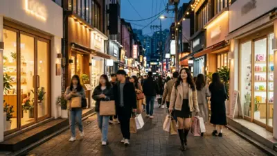 A brightly lit street in Seoul at dusk, lined with aesthetic and modern Korean cosmetic shops, capturing the vibrant beauty shopping scene.