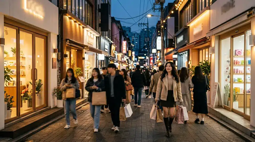A brightly lit street in Seoul at dusk, lined with aesthetic and modern Korean cosmetic shops, capturing the vibrant beauty shopping scene.