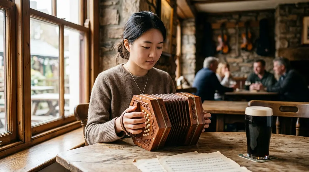 A beautiful wooden concertina resting on a rustic table in a cozy pub setting.