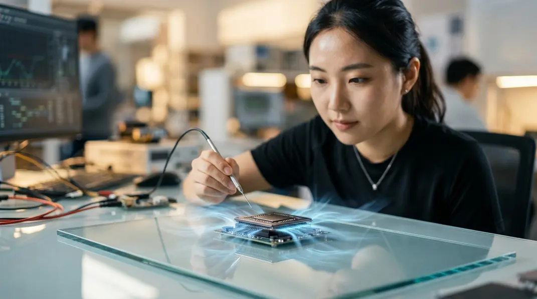 A conceptual image of AirJet solid-state cooling technology replacing mechanical fans in electronics.