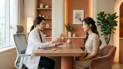 A beautifully lit, modern aesthetic clinic consultation room in South Korea with warm terracotta accents