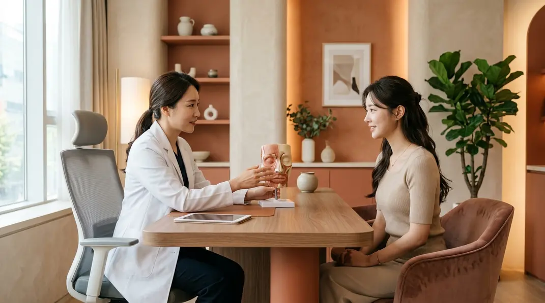 A beautifully lit, modern aesthetic clinic consultation room in South Korea with warm terracotta accents