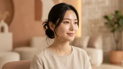 A radiant woman's face with flawless skin, illustrating the brightening effects of Alex Toning treatment against a soft terracotta background.