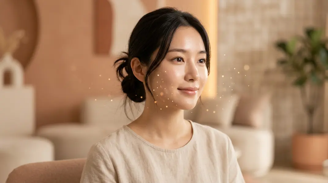 A radiant woman's face with flawless skin, illustrating the brightening effects of Alex Toning treatment against a soft terracotta background.