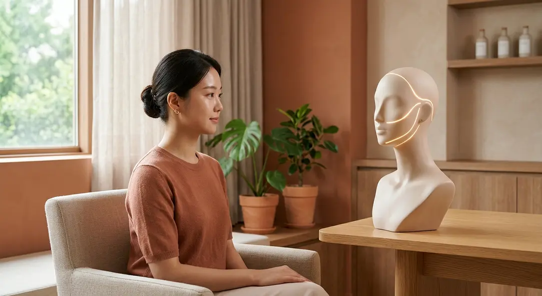 A smooth, flawless abstract mannequin face with subtle glowing lines suggesting skin rejuvenation and lifting.
