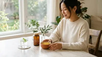 A sleek supplement bottle next to a terracotta bowl filled with golden capsules, placed on a marble table.