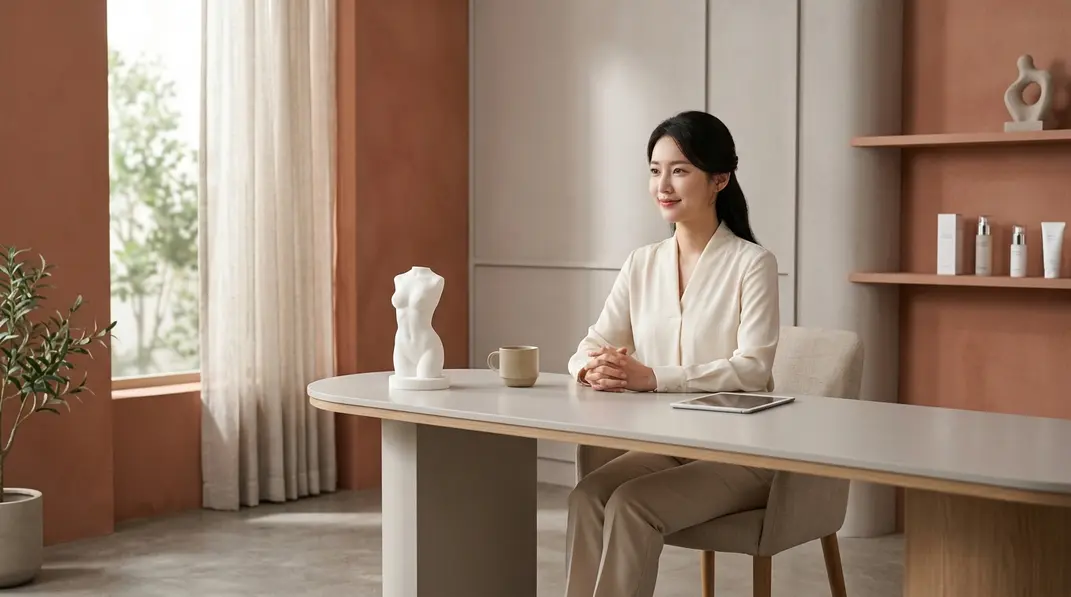 A professional aesthetic clinic consultation room with a 3D body contouring model
