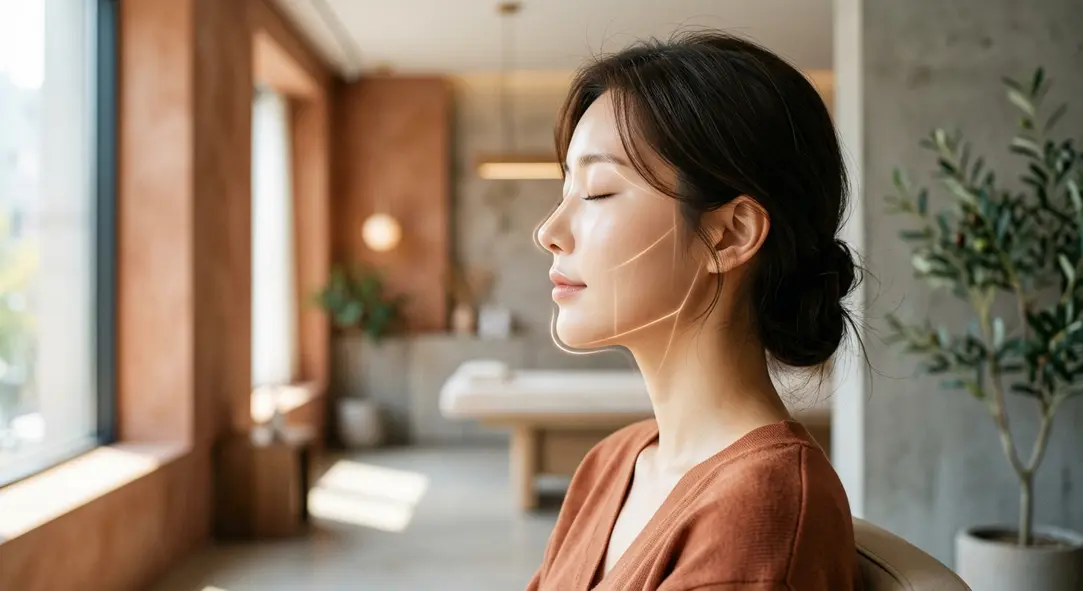 Conceptual image of a glowing face with geometric lines highlighting facial contours