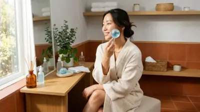 A woman using a frosted glass cryo-globe on her cheek to perform the Coolfase method.