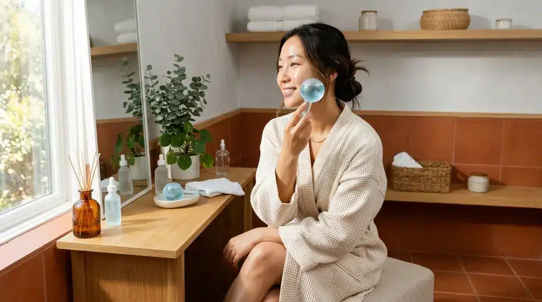 A woman using a frosted glass cryo-globe on her cheek to perform the Coolfase method.