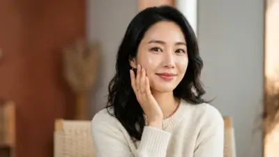 A beautiful woman with deeply hydrated, glowing skin touching her cheek gently, representing the revitalizing effects of Cytocare mesotherapy.