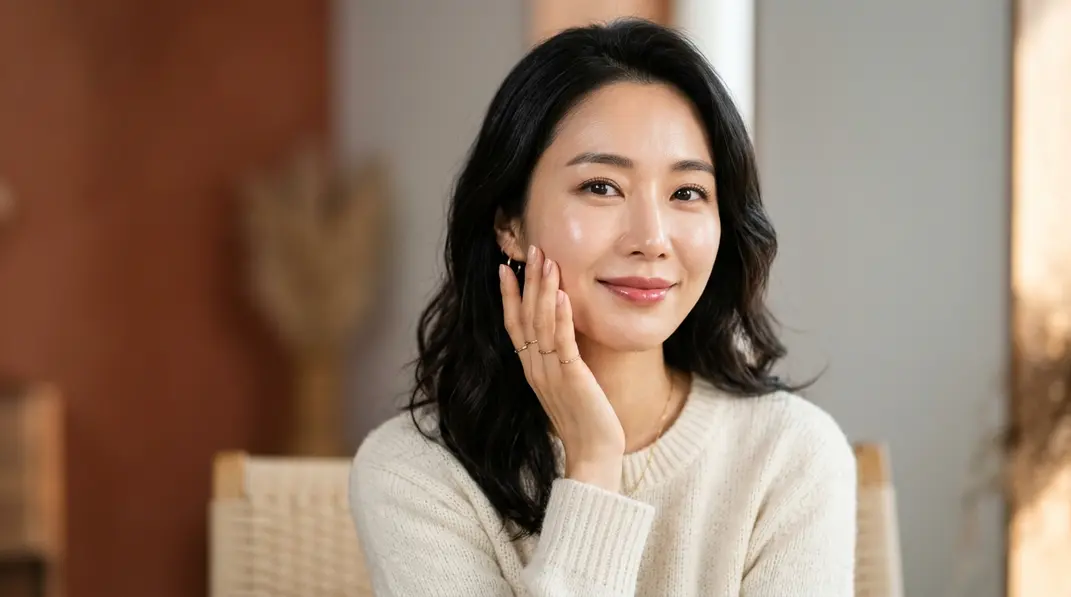 A beautiful woman with deeply hydrated, glowing skin touching her cheek gently, representing the revitalizing effects of Cytocare mesotherapy.