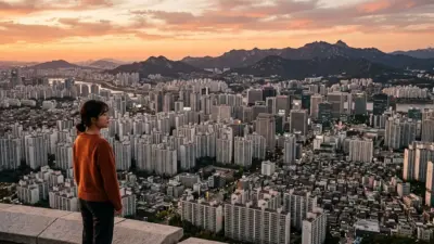 A sweeping panoramic view of Seoul's dense skyline glowing at sunset.